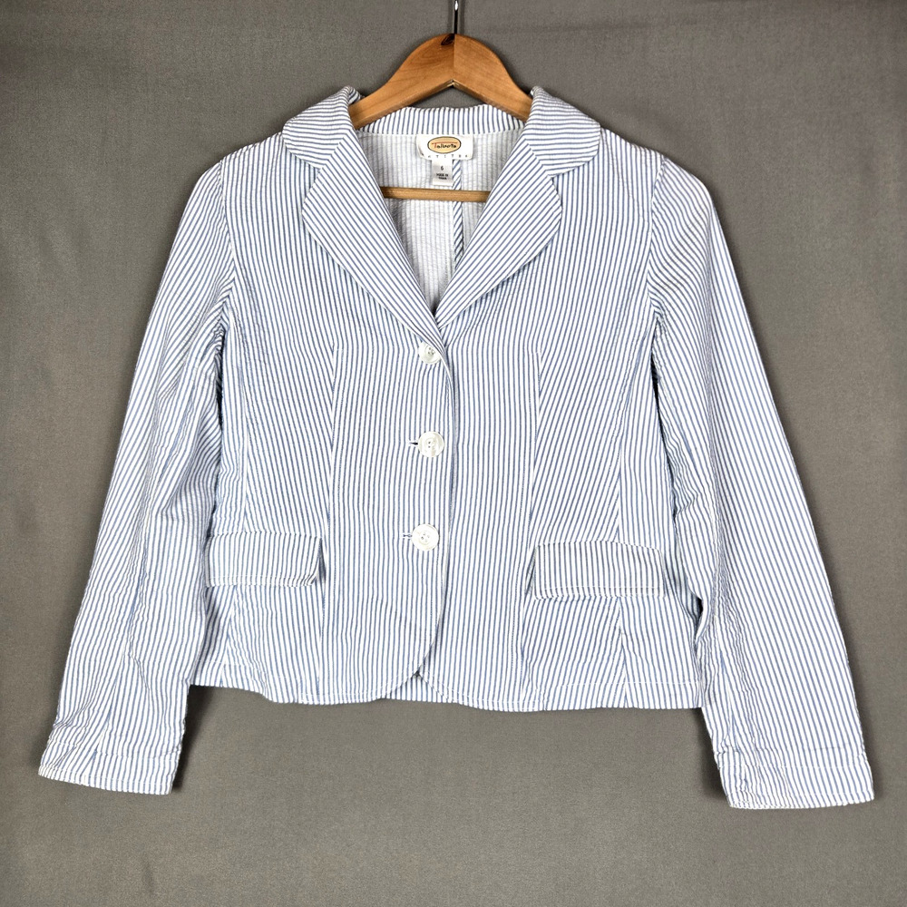Talbots Petites Seersucker Blazer Jacket Blue Stripe Coastal Preppy Size 6